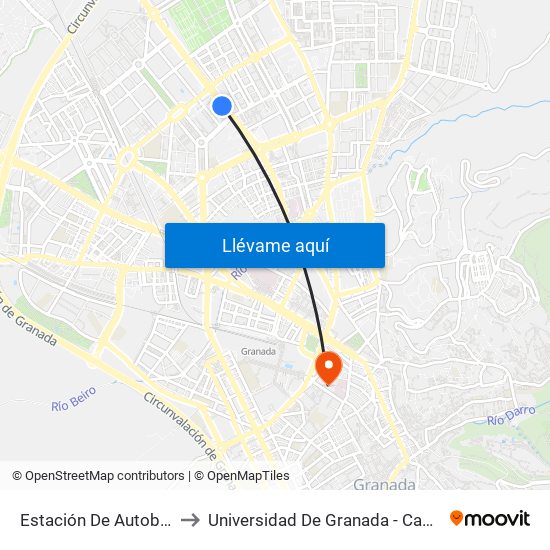 Estación De Autobuses 1 V to Universidad De Granada - Campus Centro map