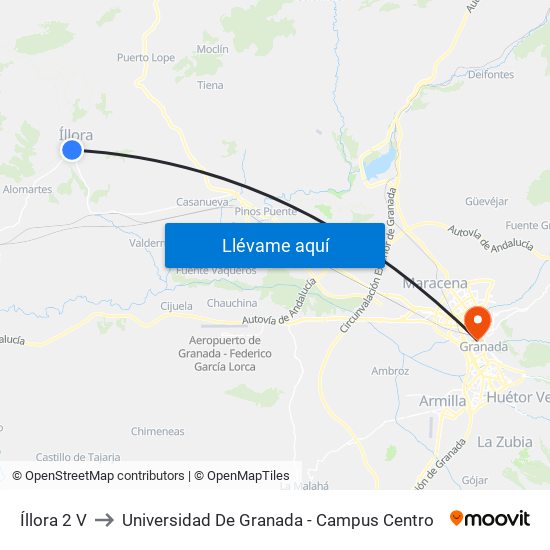 Íllora 2 V to Universidad De Granada - Campus Centro map