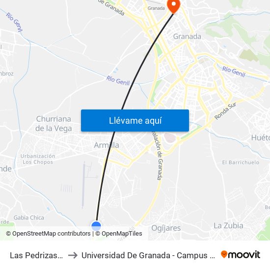 Las Pedrizas 1 V to Universidad De Granada - Campus Centro map