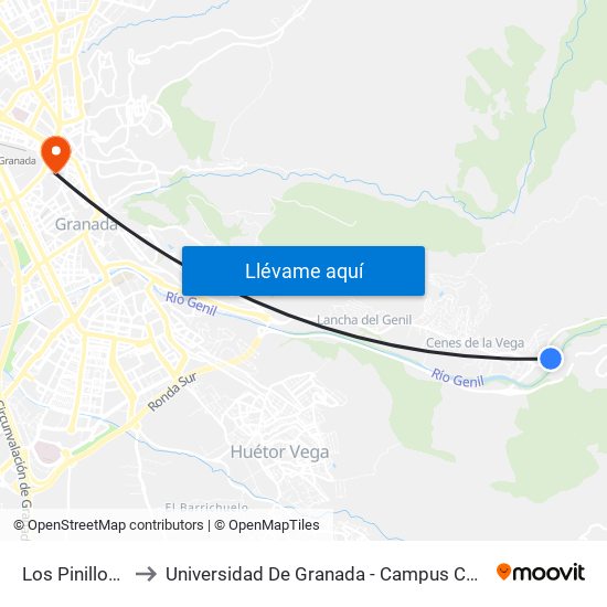 Los Pinillos V to Universidad De Granada - Campus Centro map