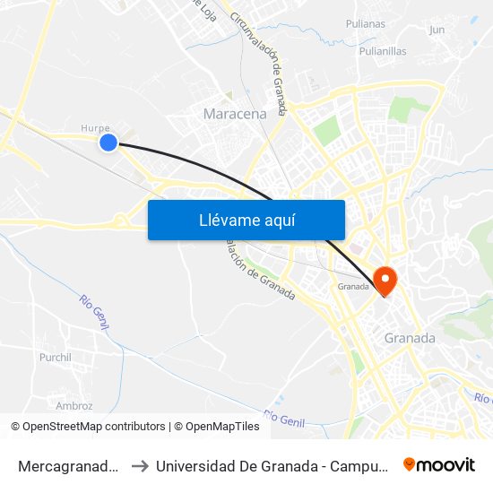 Mercagranada 1 V to Universidad De Granada - Campus Centro map