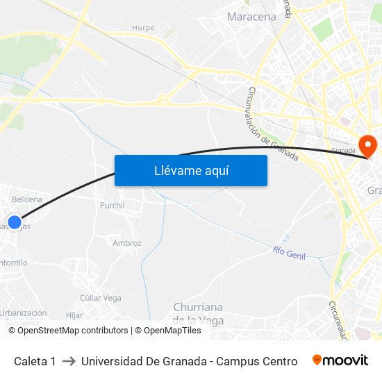 Caleta 1 to Universidad De Granada - Campus Centro map