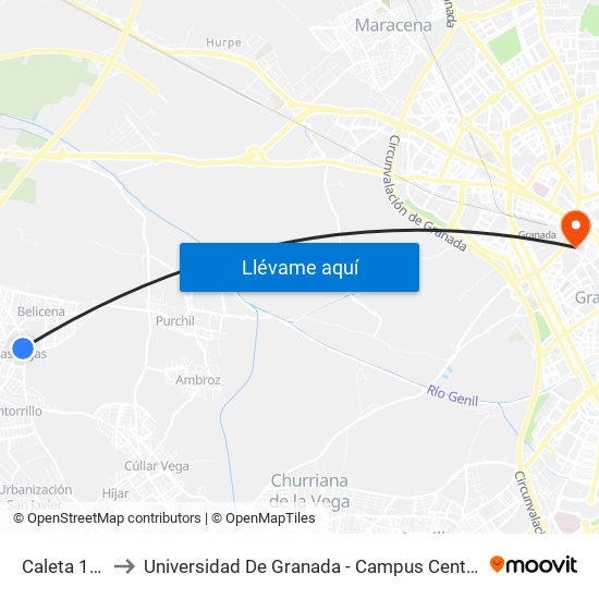 Caleta 1 V to Universidad De Granada - Campus Centro map