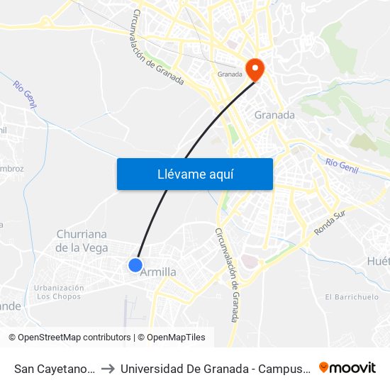San Cayetano 1 V to Universidad De Granada - Campus Centro map