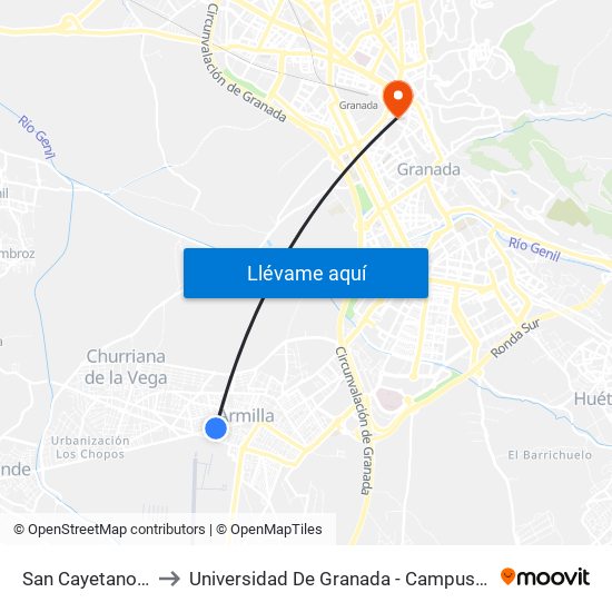 San Cayetano 2 V to Universidad De Granada - Campus Centro map