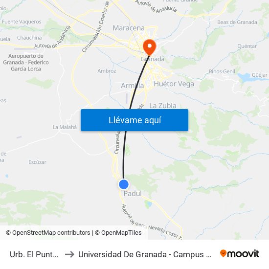 Urb. El Puntal V to Universidad De Granada - Campus Centro map