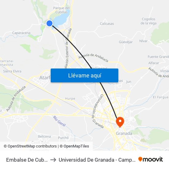 Embalse De Cubillas V to Universidad De Granada - Campus Centro map