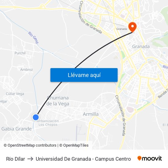 Río Dílar to Universidad De Granada - Campus Centro map