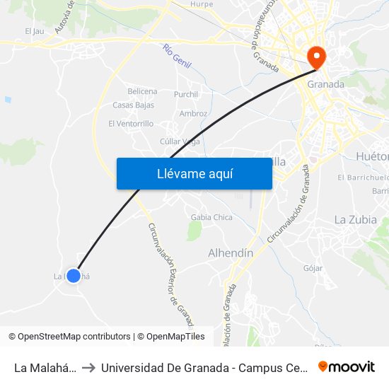 La Malahá V to Universidad De Granada - Campus Centro map