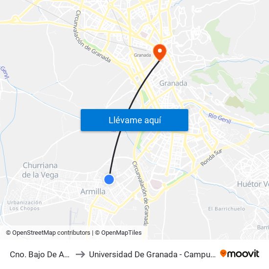 Cno. Bajo De Armilla to Universidad De Granada - Campus Centro map