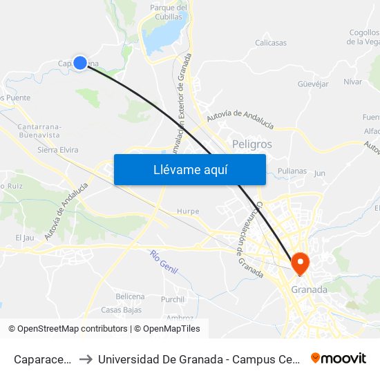 Caparacena to Universidad De Granada - Campus Centro map