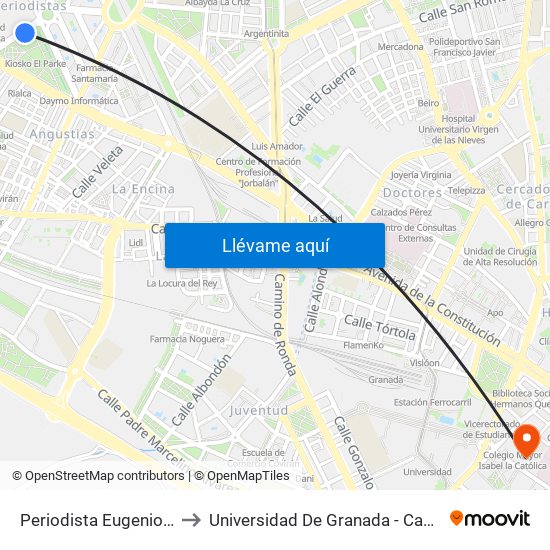 Periodista Eugenio Selles V to Universidad De Granada - Campus Centro map
