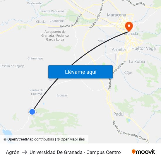 Agrón to Universidad De Granada - Campus Centro map
