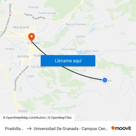 Pradollano to Universidad De Granada - Campus Centro map