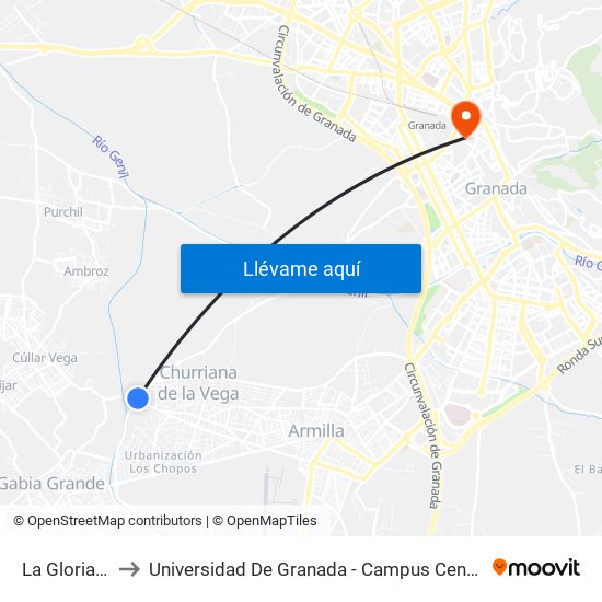 La Gloria V to Universidad De Granada - Campus Centro map