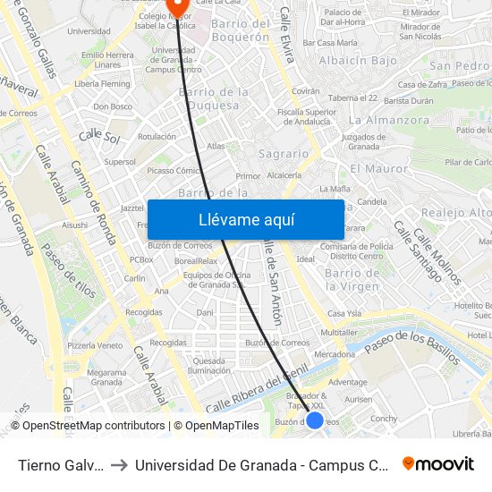 Tierno Galván to Universidad De Granada - Campus Centro map