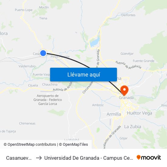 Casanueva 1 to Universidad De Granada - Campus Centro map