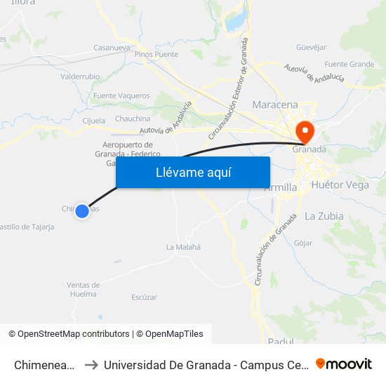 Chimeneas 3 to Universidad De Granada - Campus Centro map