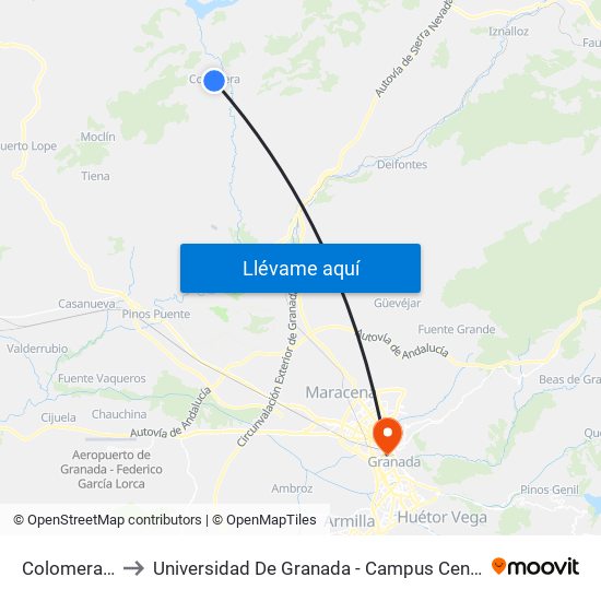 Colomera 1 to Universidad De Granada - Campus Centro map
