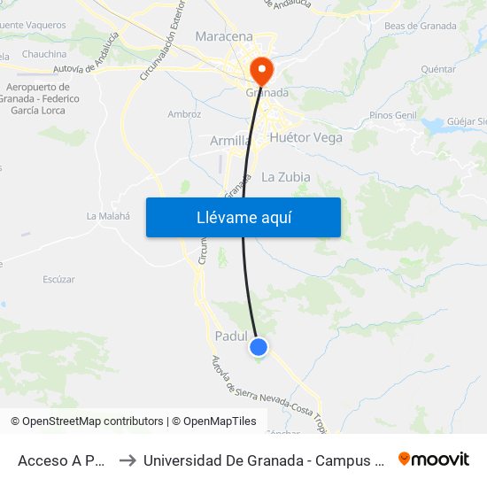 Acceso A Padul to Universidad De Granada - Campus Centro map
