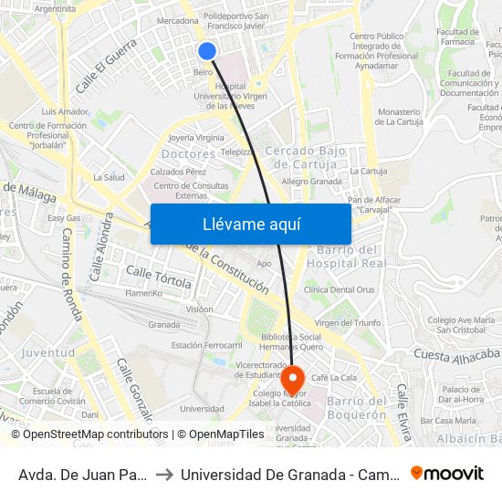Avda. De Juan Pablo II 1 to Universidad De Granada - Campus Centro map