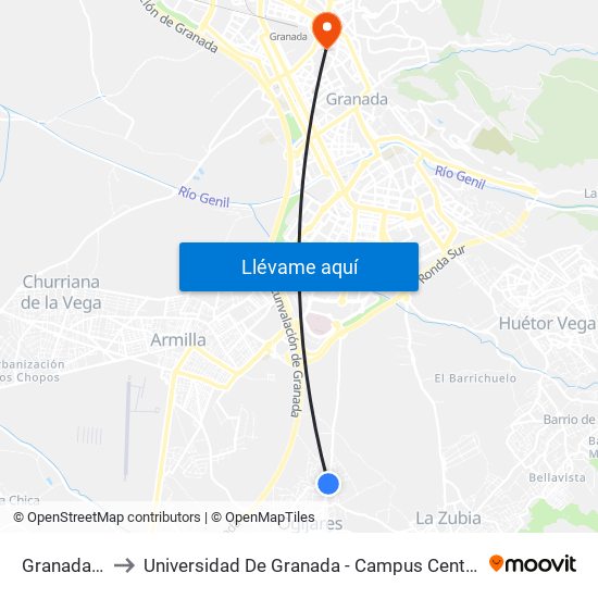 Granada 2 to Universidad De Granada - Campus Centro map
