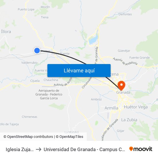Iglesia Zujaira to Universidad De Granada - Campus Centro map