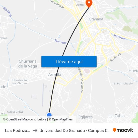 Las Pedrizas 1 to Universidad De Granada - Campus Centro map