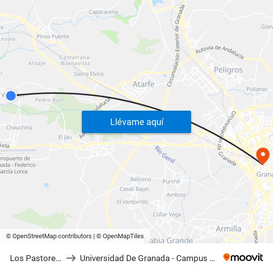Los Pastoreros to Universidad De Granada - Campus Centro map