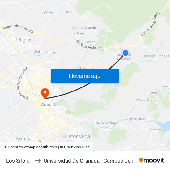 Los Sifones to Universidad De Granada - Campus Centro map