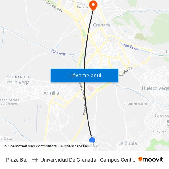 Plaza Baja to Universidad De Granada - Campus Centro map