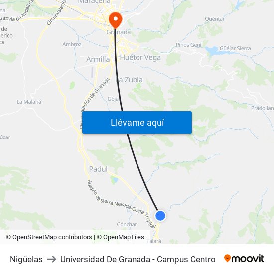 Nigüelas to Universidad De Granada - Campus Centro map