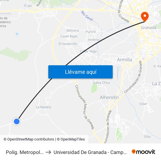Políg. Metropolitano to Universidad De Granada - Campus Centro map