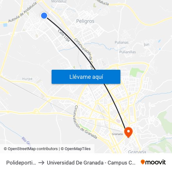 Polideportivo to Universidad De Granada - Campus Centro map