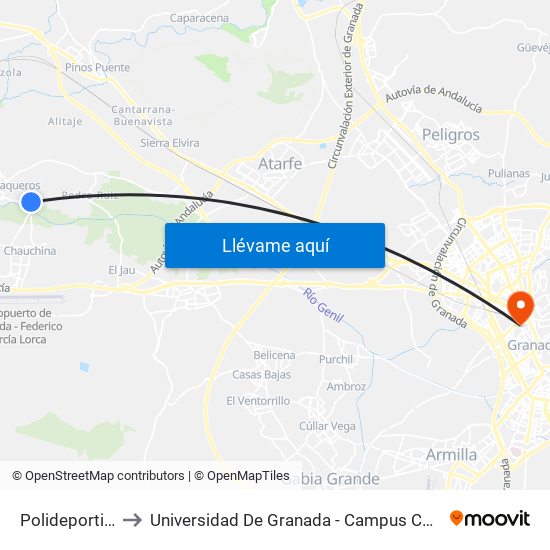 Polideportivo to Universidad De Granada - Campus Centro map