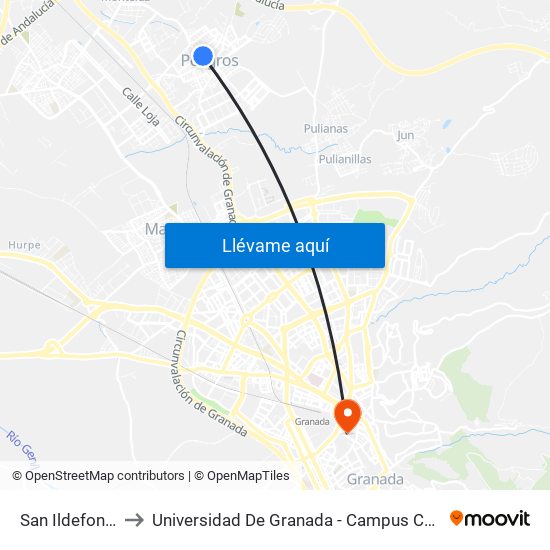 San Ildefonso to Universidad De Granada - Campus Centro map