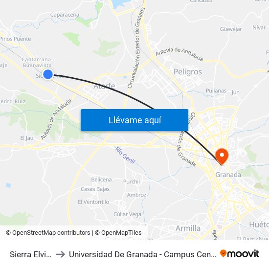 Sierra Elvira to Universidad De Granada - Campus Centro map