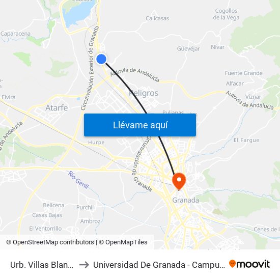 Urb. Villas Blancas 1 to Universidad De Granada - Campus Centro map