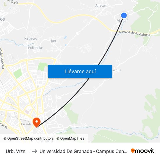 Urb. Víznar to Universidad De Granada - Campus Centro map