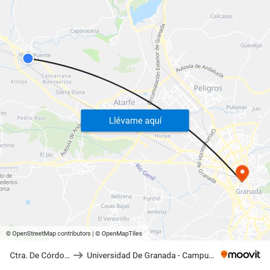 Ctra. De Córdoba 1 to Universidad De Granada - Campus Centro map