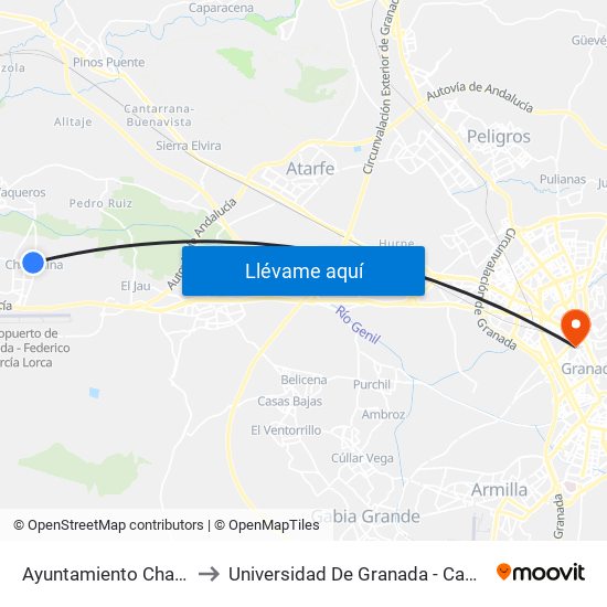 Ayuntamiento Chauchina V to Universidad De Granada - Campus Centro map