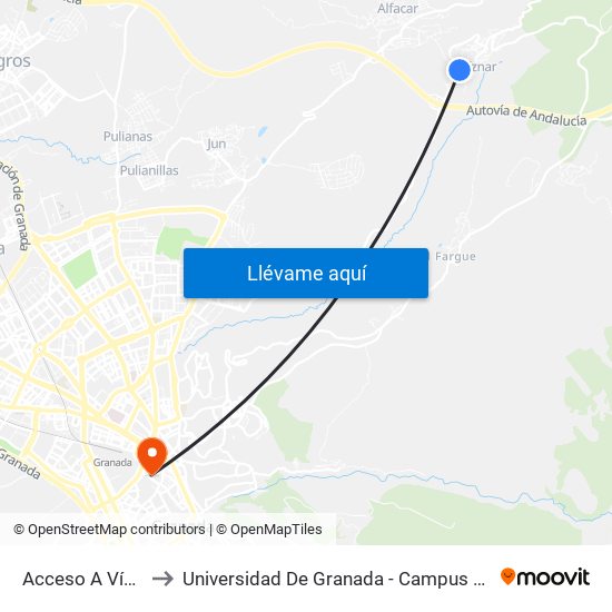 Acceso A Víznar to Universidad De Granada - Campus Centro map