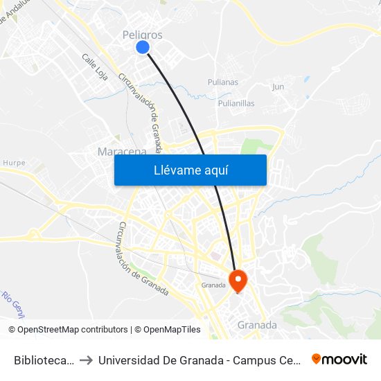 Biblioteca V to Universidad De Granada - Campus Centro map