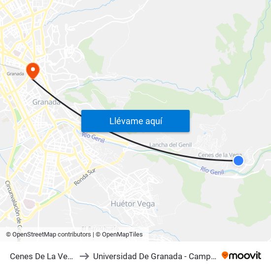 Cenes De La Vega 1 V to Universidad De Granada - Campus Centro map