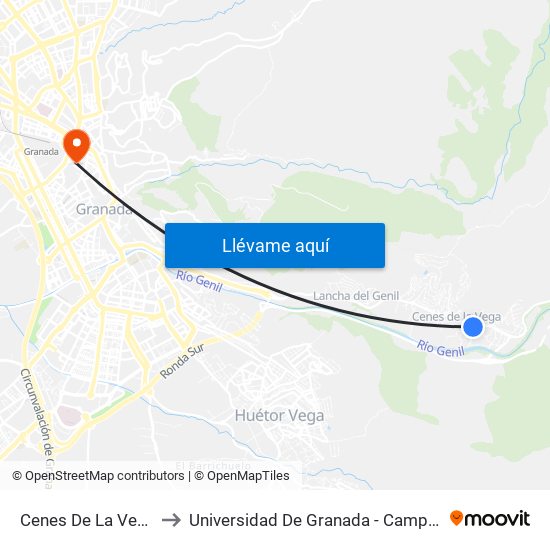 Cenes De La Vega 2 V to Universidad De Granada - Campus Centro map