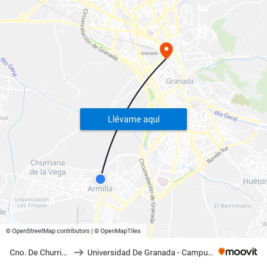 Cno. De Churriana V to Universidad De Granada - Campus Centro map
