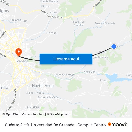 Quéntar 2 to Universidad De Granada - Campus Centro map