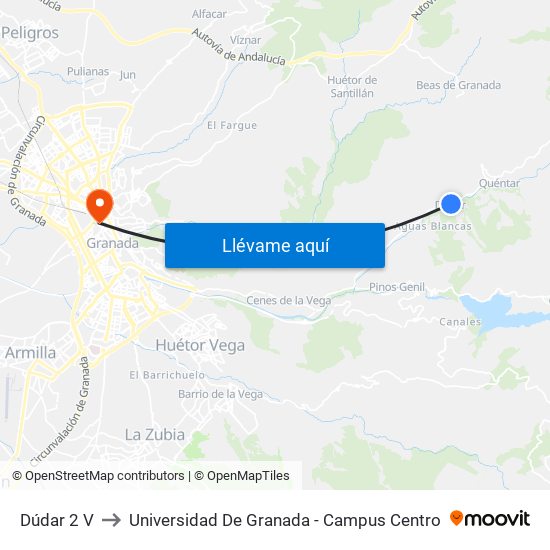 Dúdar 2 V to Universidad De Granada - Campus Centro map