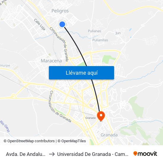 Avda. De Andalucía 2 V to Universidad De Granada - Campus Centro map