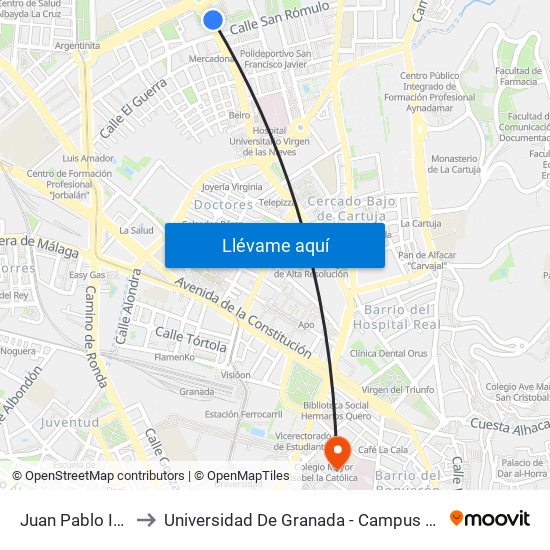 Juan Pablo II 72 to Universidad De Granada - Campus Centro map